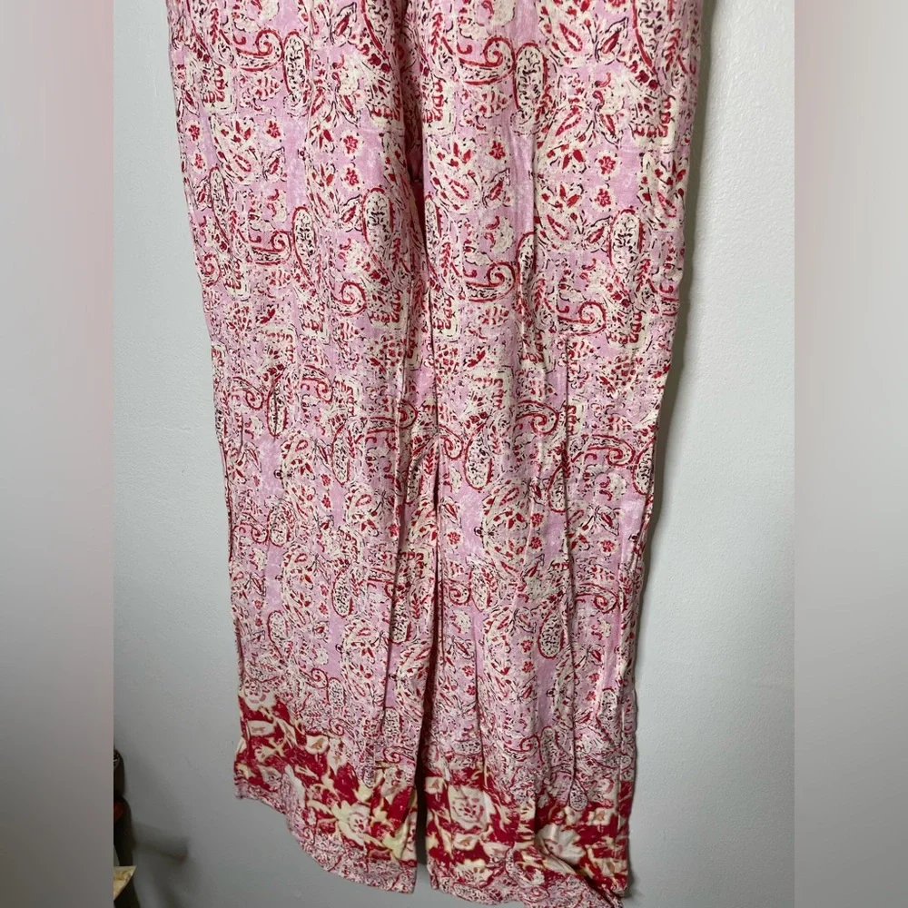 Zara Women Wide Leg Linen Blend Elastic Waist Trouser Pants Pink/White Sz XS